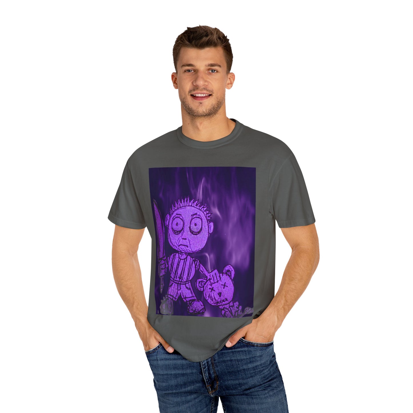 Horror Cartoon T-Shirt — Creepy Knife Kid with Broken Bunny Graphic