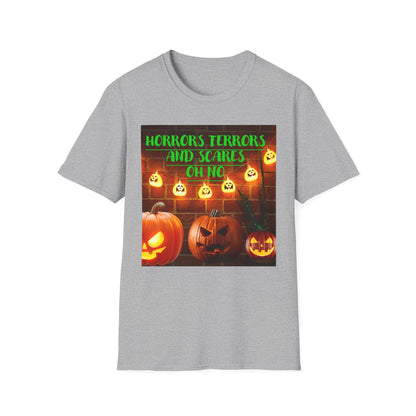 Halloween T-Shirt with Scary Pumpkins and string lights - Horror, Terrors and Scares Oh No