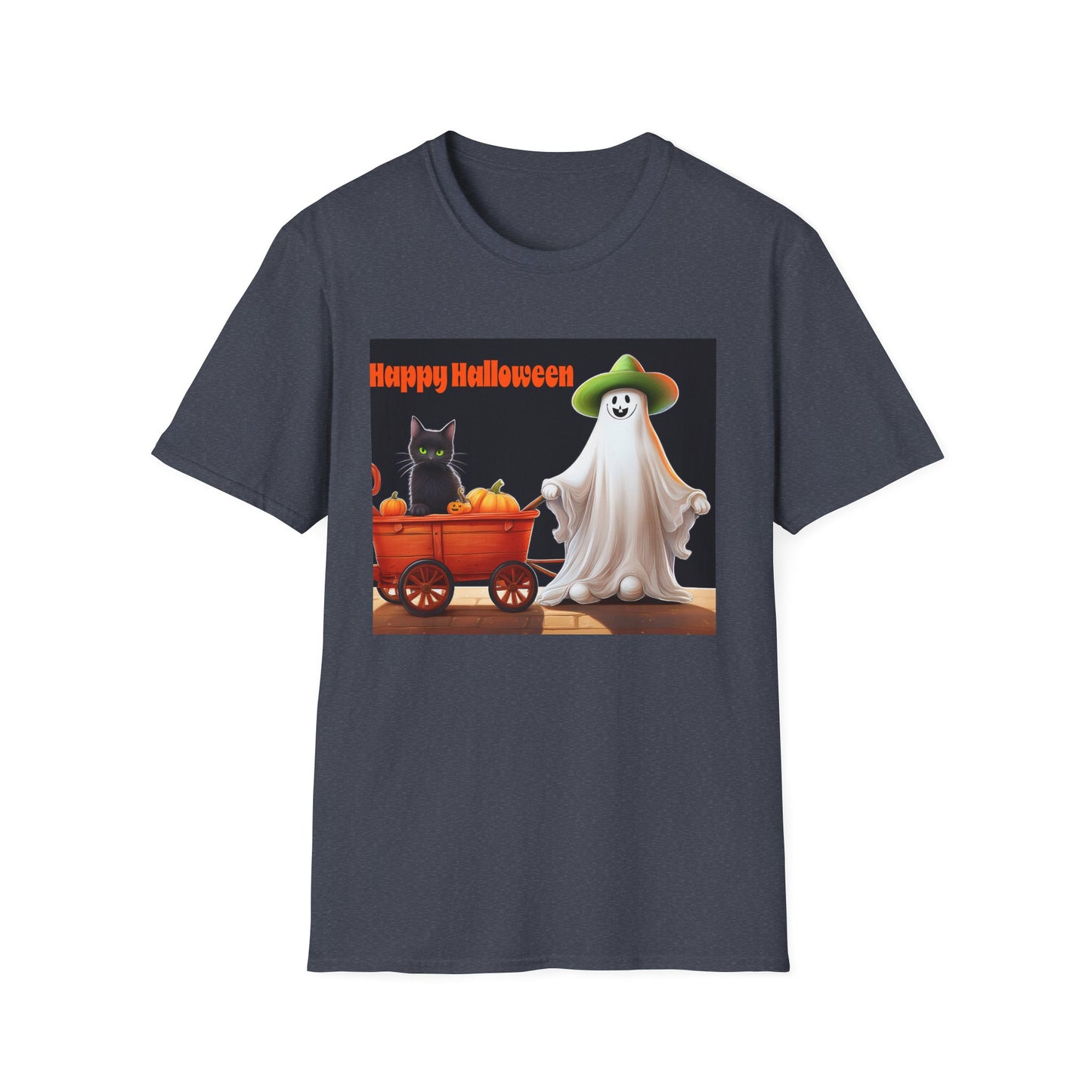 Halloween Ghost with wagon t-Shirt, trick or treating  Funny Halloween Tee, Unisex Casual Shirt, Cute Halloween Costume, Spooky Holiday Apparel