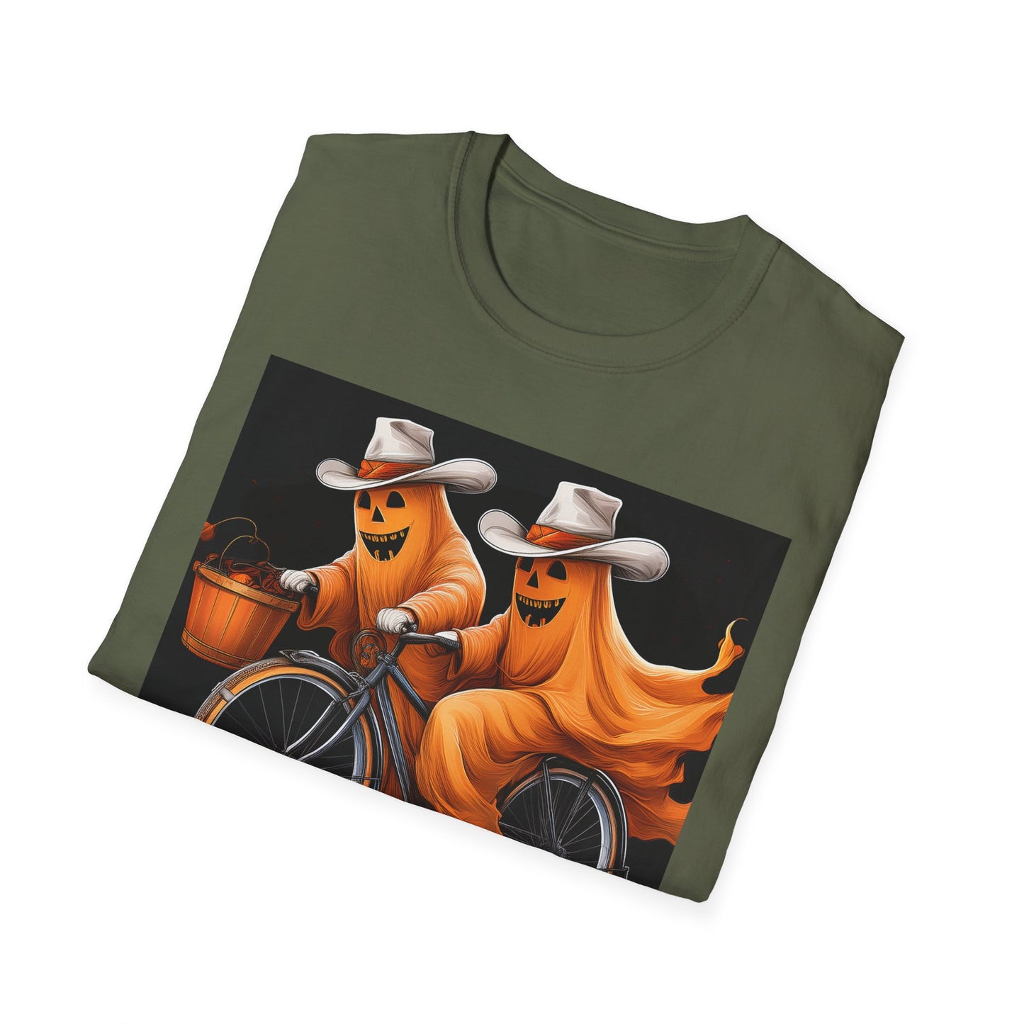 Funny cowboyGhost Bicycle T-Shirt | Halloween Tee for Kids, Unisex Festival Apparel, Ghostly Fun Wear, Spooky Season Gift