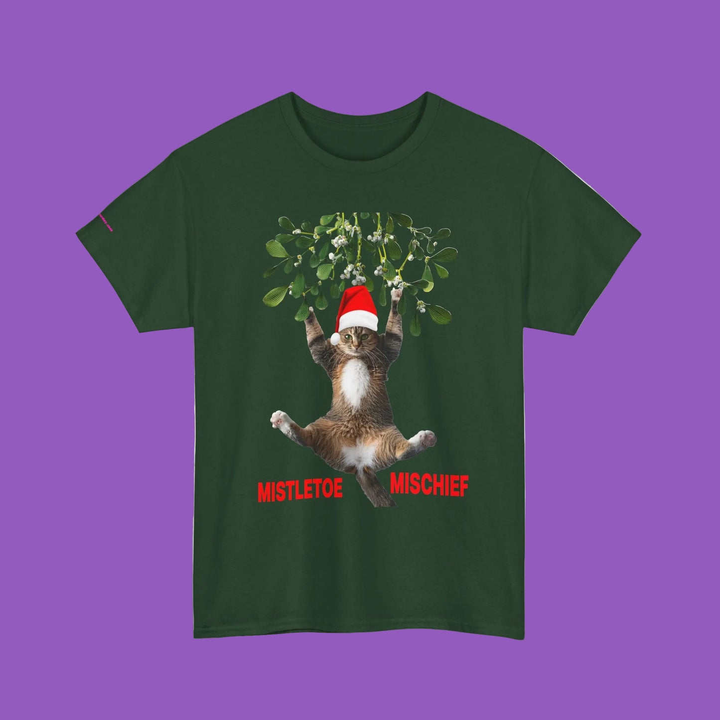 Mistletoe Mischief Cat T-Shirt — Cat in Santa Hat Hanging from Mistletoe Holiday Tee
