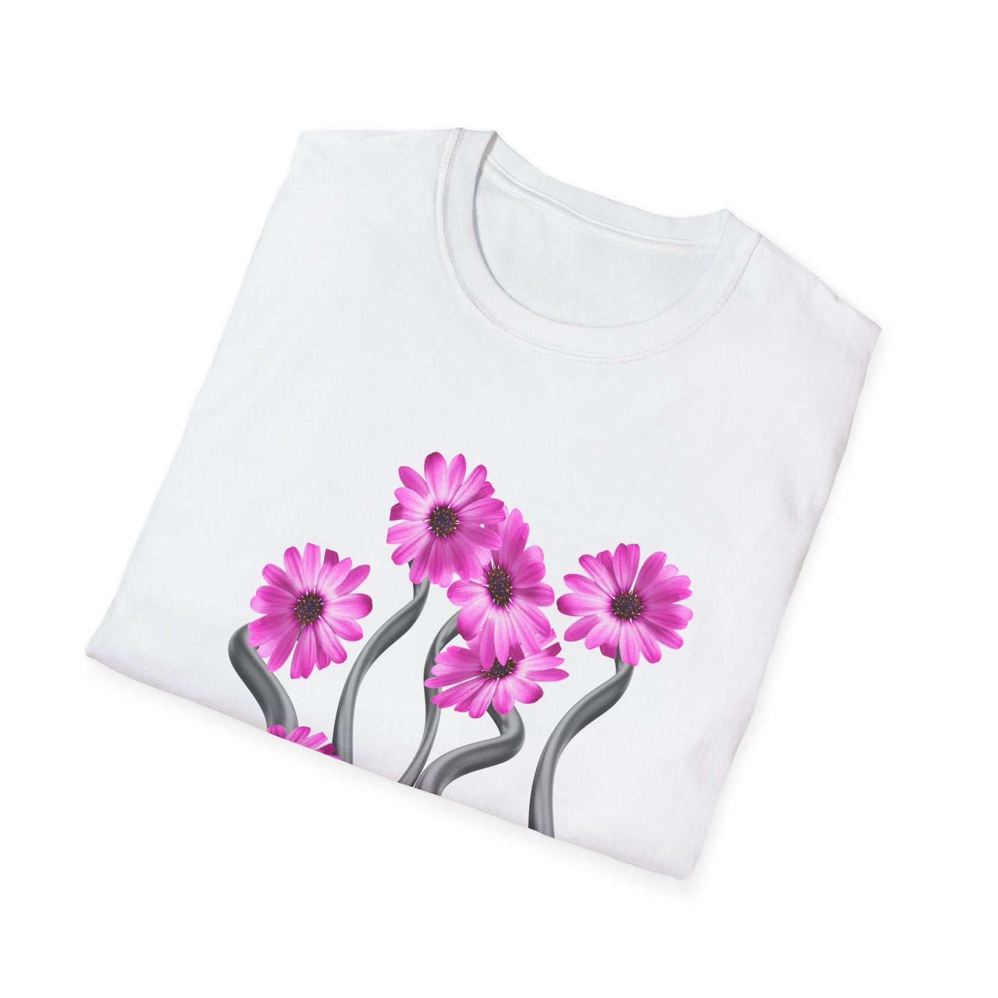 Floral Metal Futuristic Twist T‑Shirt — Pink Daisy Vine Graphic Tee