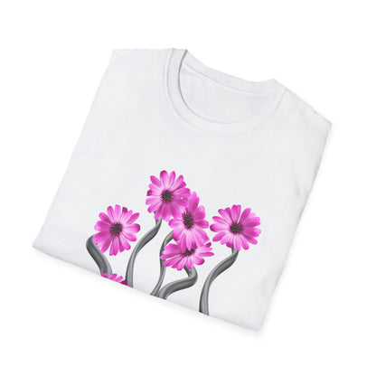 Floral Metal Futuristic Twist T‑Shirt — Pink Daisy Vine Graphic Tee