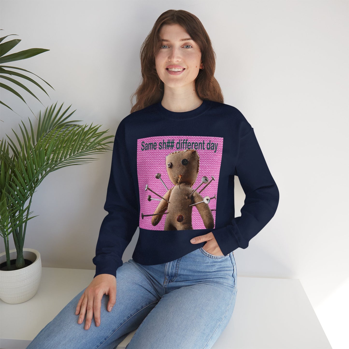 Voodoo Doll Funny Graphic Crewneck Sweatshirt, Casual Everyday Wear, Perfect Gift for Friends & Family, Humor, Quirky Style, Unisex