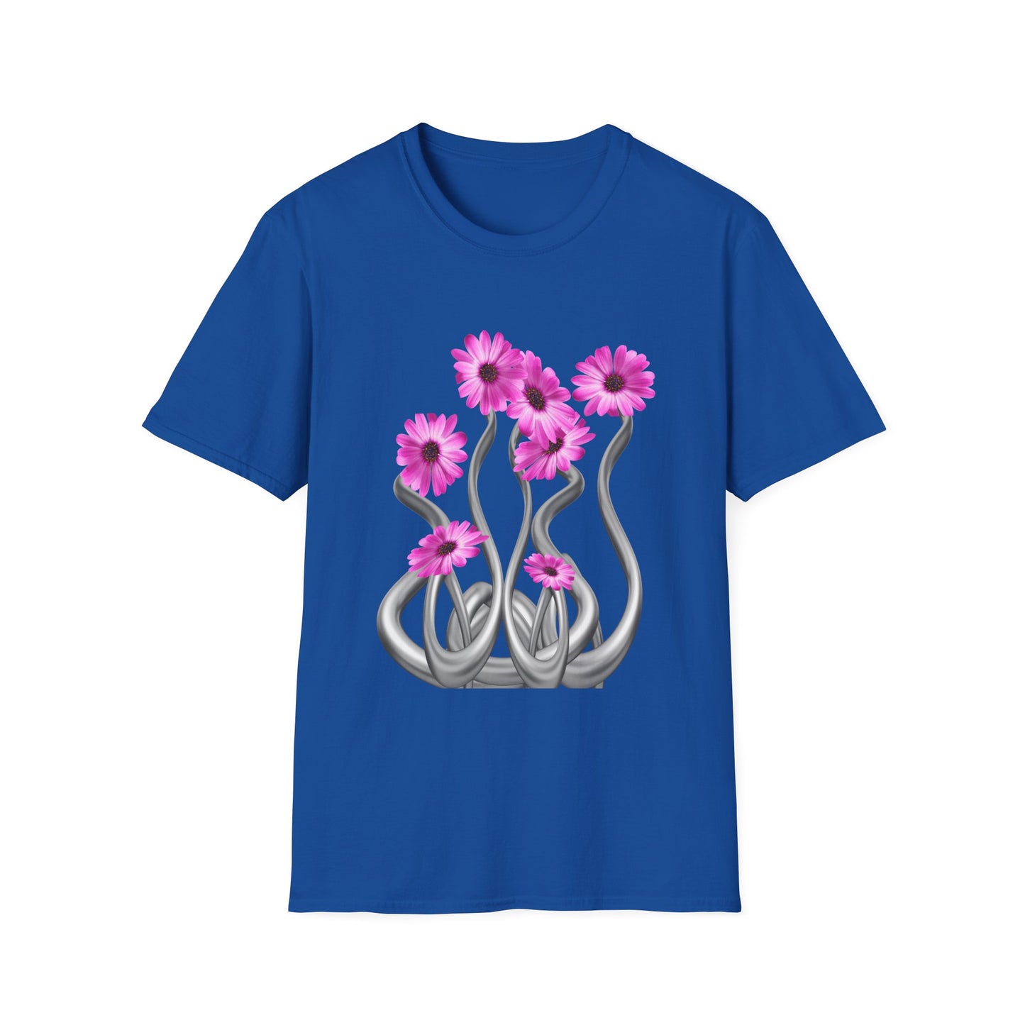 Floral Metal Futuristic Twist T‑Shirt — Pink Daisy Vine Graphic Tee
