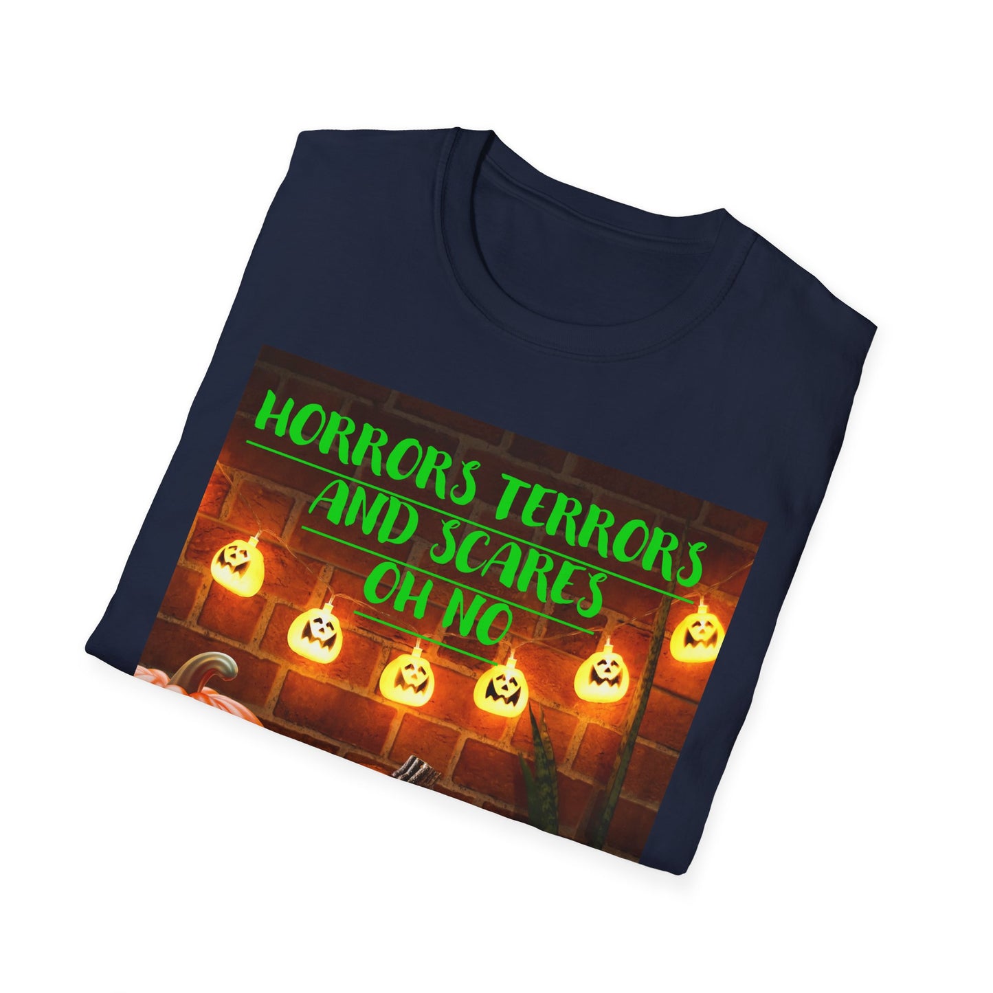 Halloween T-Shirt with Scary Pumpkins and string lights - Horror, Terrors and Scares Oh No