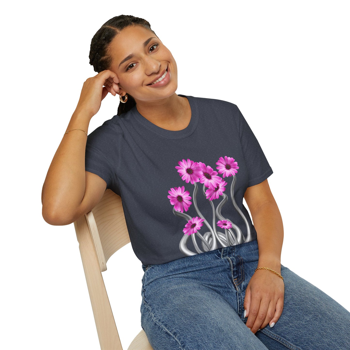Floral Metal Futuristic Twist T‑Shirt — Pink Daisy Vine Graphic Tee
