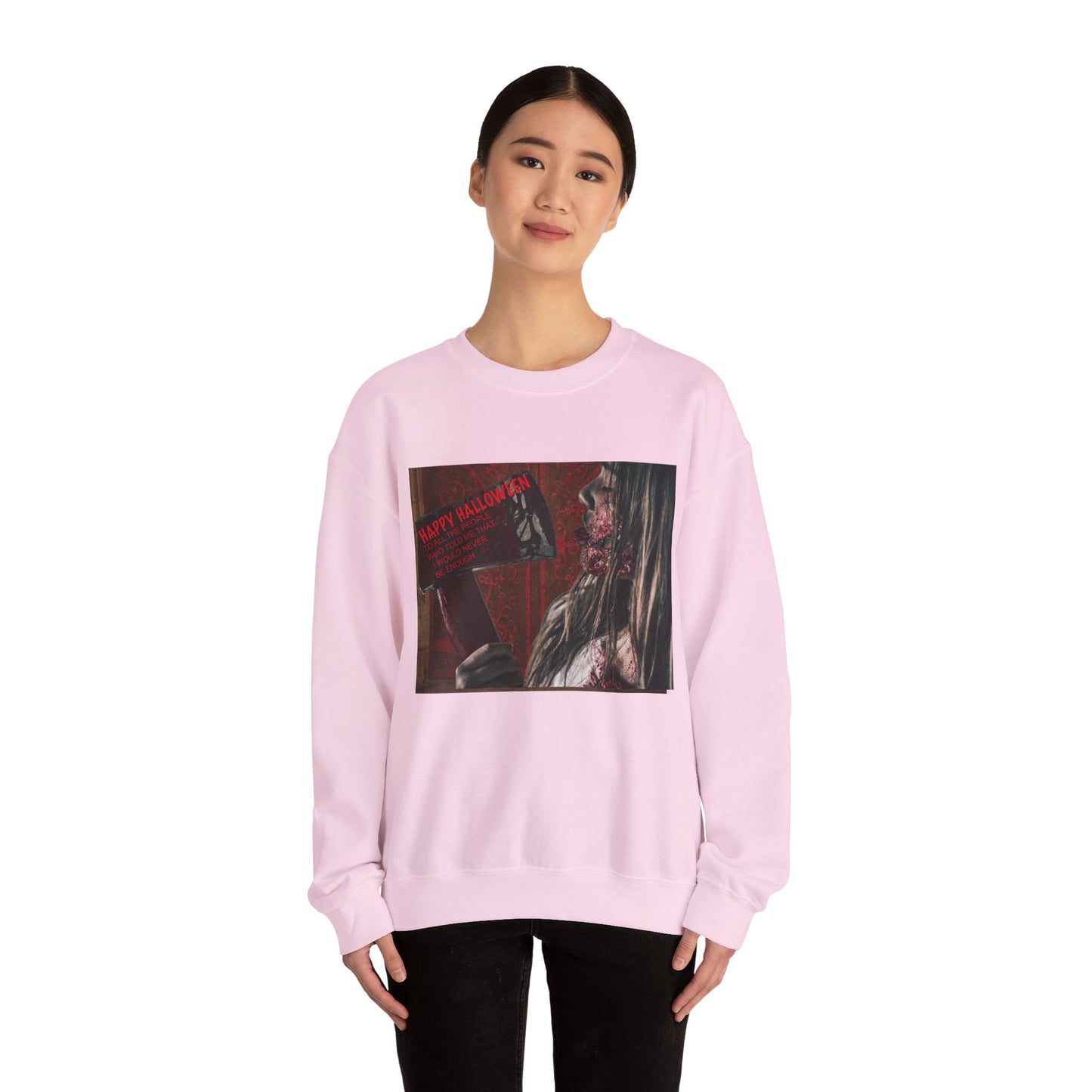 Halloween Horror Girl with Axe Sweatshirt, Unisex Crewneck, Horror Movie Fan Apparel, Halloween Costume Layering