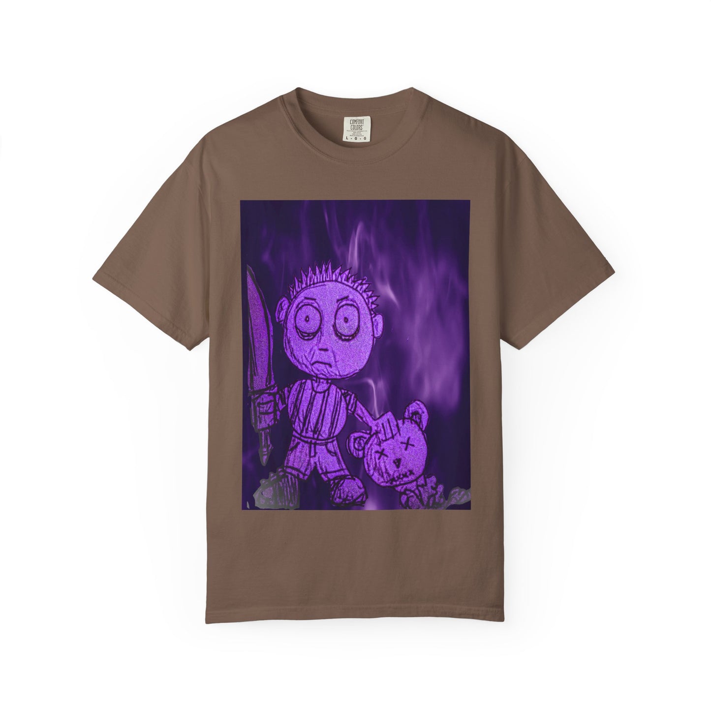 Horror Cartoon T-Shirt — Creepy Knife Kid with Broken Bunny Graphic