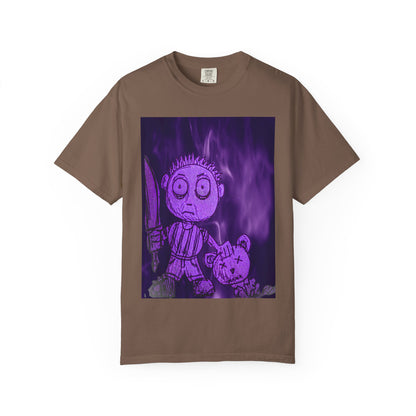 Horror Cartoon T-Shirt — Creepy Knife Kid with Broken Bunny Graphic