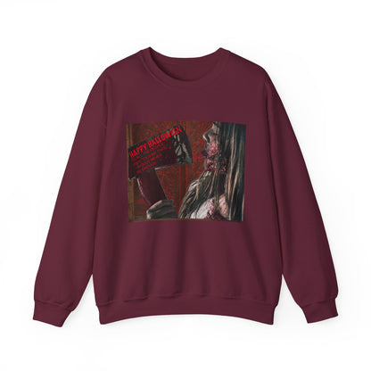 Halloween Horror Girl with Axe Sweatshirt, Unisex Crewneck, Horror Movie Fan Apparel, Halloween Costume Layering