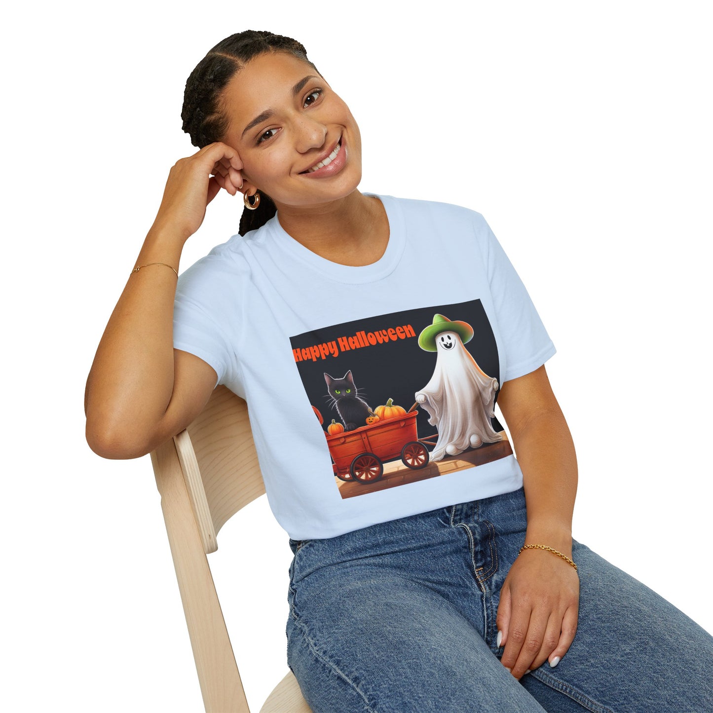 Halloween Ghost with wagon t-Shirt, trick or treating  Funny Halloween Tee, Unisex Casual Shirt, Cute Halloween Costume, Spooky Holiday Apparel