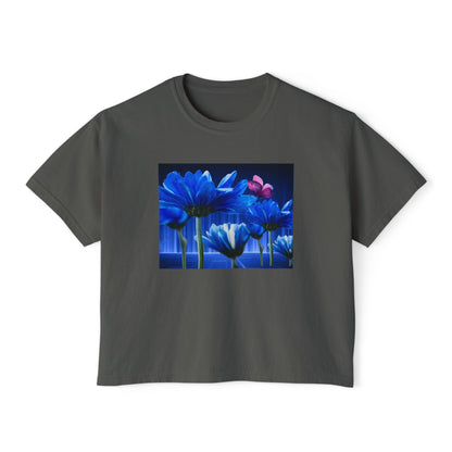 Floral Blue Flowered Backlight Women's Boxy Tee, Boho Chic Style, Perfect Summer Top, Gift for Her, Casual Cute Shirt, Nature-Inspired Apparel
