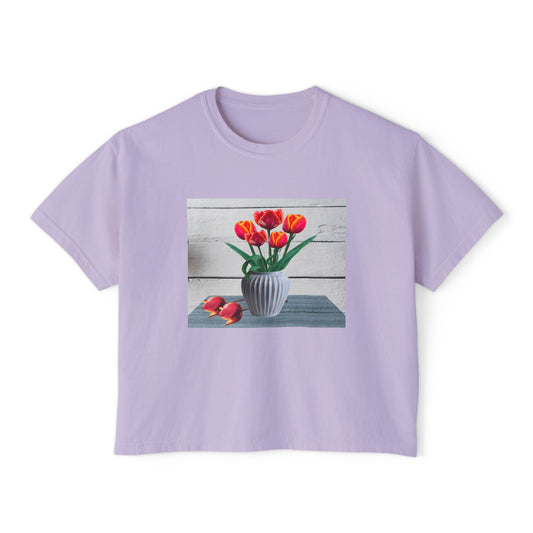 Floral Country Tulips Women's Boxy Tee - Cute Spring Top, Casual Wear, Gift for Her, Garden Lovers, Everyday Style