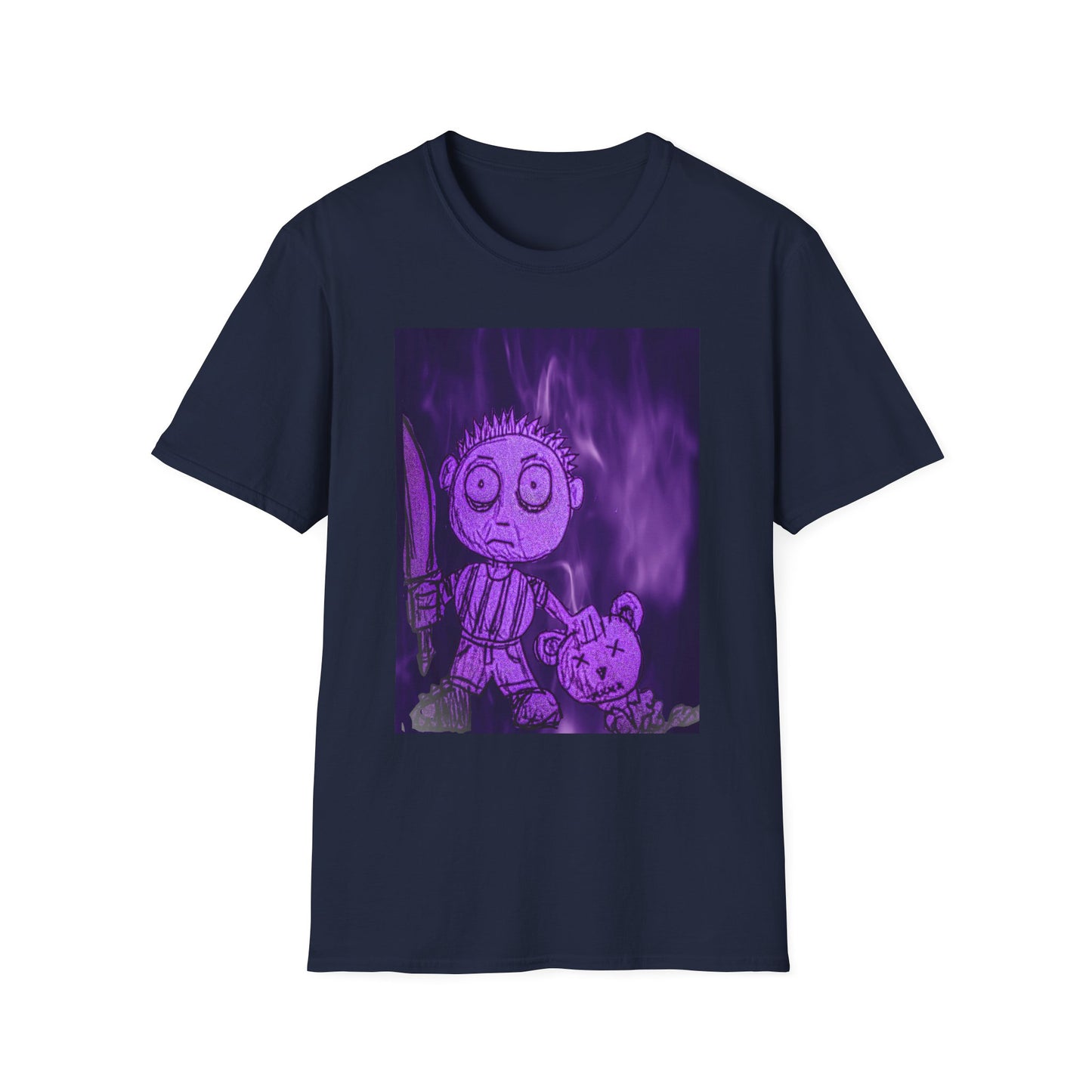 Gothic Purple Cartoon Horror Tee — Knife Kid with Teddy Graphic T-Shirt