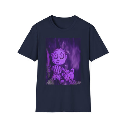 Gothic Purple Cartoon Horror Tee — Knife Kid with Teddy Graphic T-Shirt