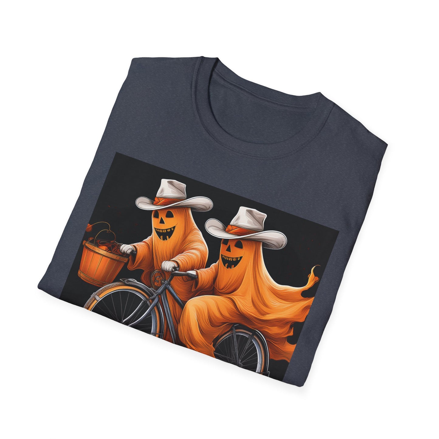 Funny cowboyGhost Bicycle T-Shirt | Halloween Tee for Kids, Unisex Festival Apparel, Ghostly Fun Wear, Spooky Season Gift