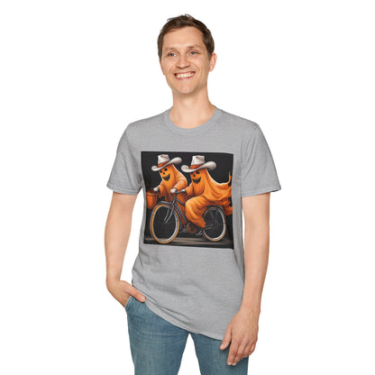 Funny cowboyGhost Bicycle T-Shirt | Halloween Tee for Kids, Unisex Festival Apparel, Ghostly Fun Wear, Spooky Season Gift
