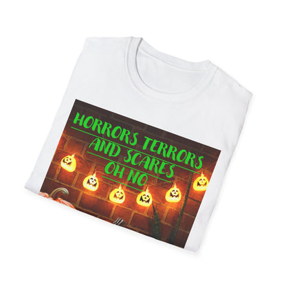 Halloween T-Shirt with Scary Pumpkins and string lights - Horror, Terrors and Scares Oh No