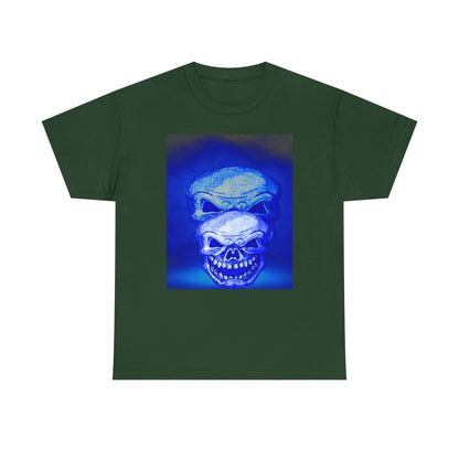 Skull Double Exposure Tee — Neon Blue Horror Graphic T-Shirt