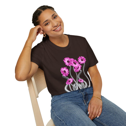 Floral Metal Futuristic Twist T‑Shirt — Pink Daisy Vine Graphic Tee