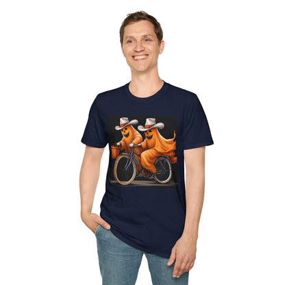 Funny cowboyGhost Bicycle T-Shirt | Halloween Tee for Kids, Unisex Festival Apparel, Ghostly Fun Wear, Spooky Season Gift