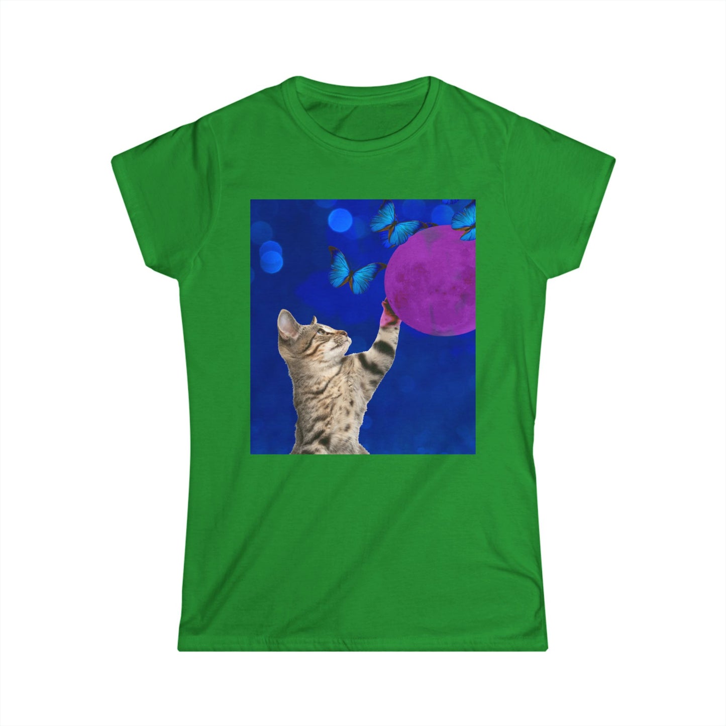 Playful tabby reaches for pink moon Women's Softstyle Tee