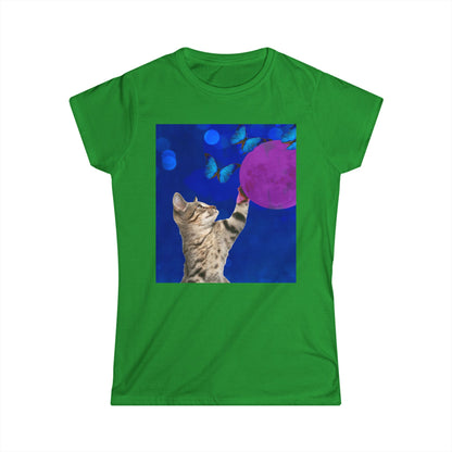 Playful tabby reaches for pink moon Women's Softstyle Tee