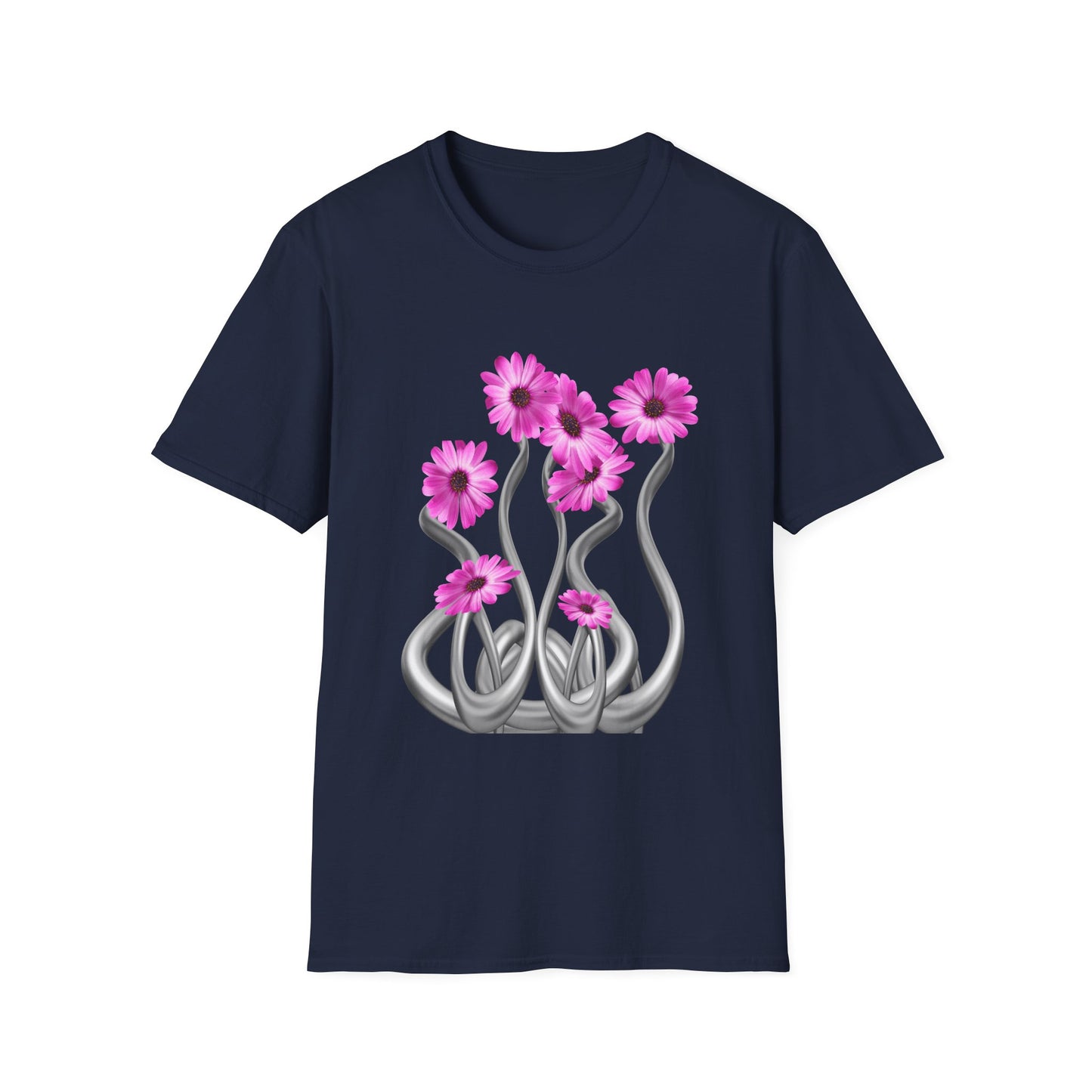 Floral Metal Futuristic Twist T‑Shirt — Pink Daisy Vine Graphic Tee