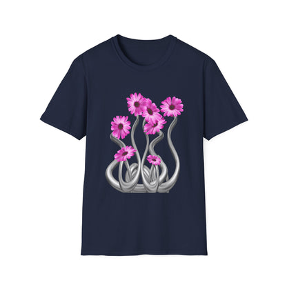 Floral Metal Futuristic Twist T‑Shirt — Pink Daisy Vine Graphic Tee