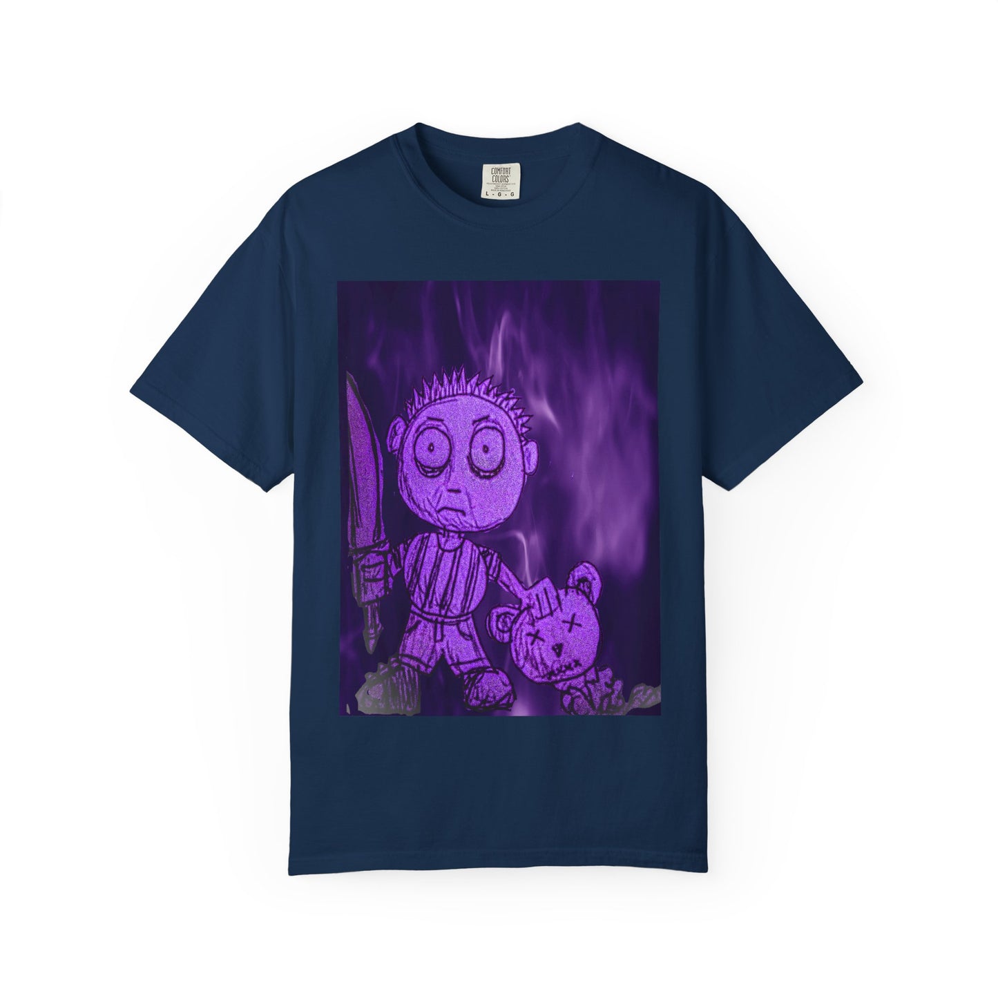 Horror Cartoon T-Shirt — Creepy Knife Kid with Broken Bunny Graphic