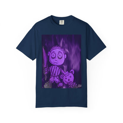 Horror Cartoon T-Shirt — Creepy Knife Kid with Broken Bunny Graphic