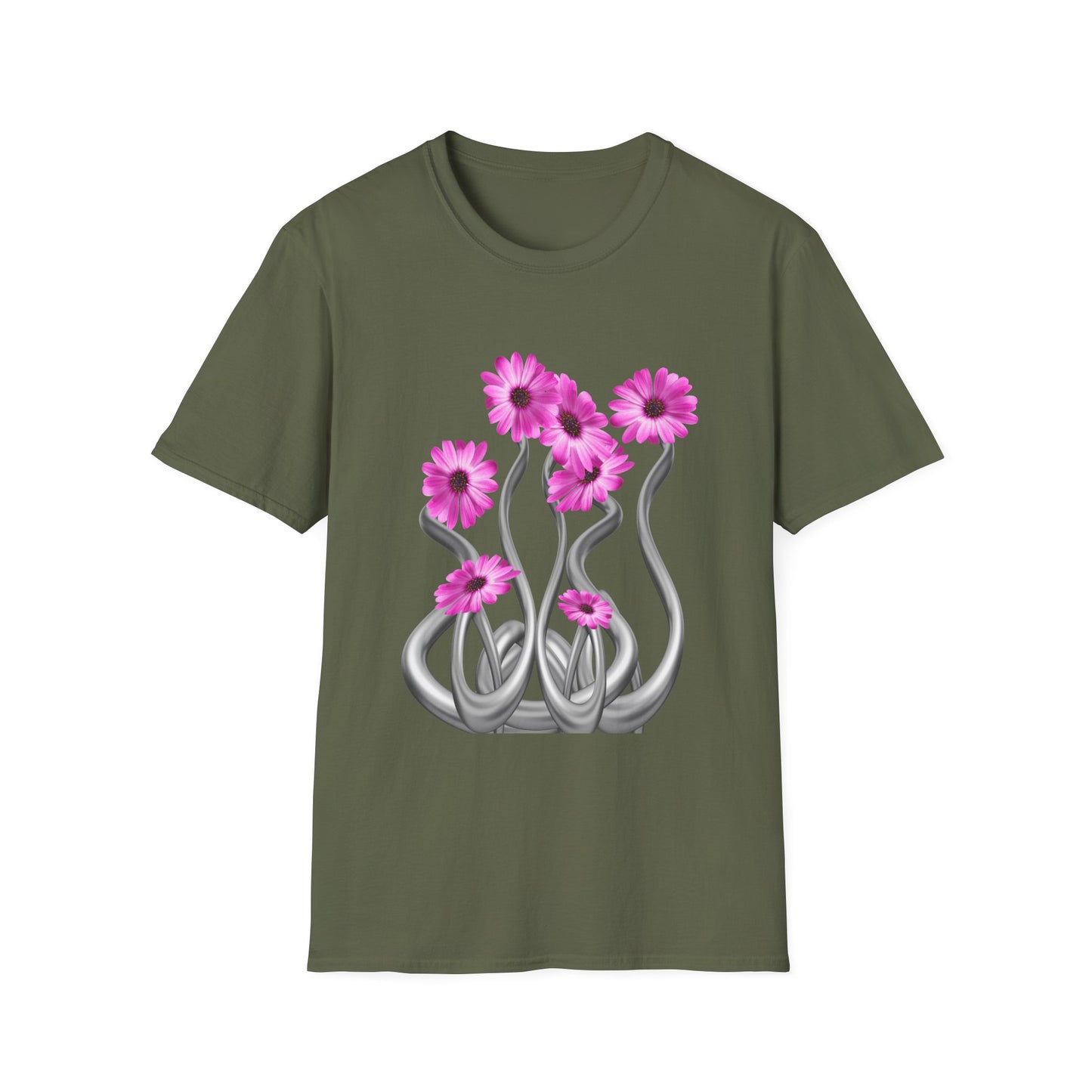 Floral Metal Futuristic Twist T‑Shirt — Pink Daisy Vine Graphic Tee