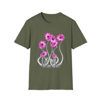 Floral Metal Futuristic Twist T‑Shirt — Pink Daisy Vine Graphic Tee