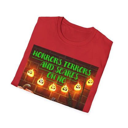 Halloween T-Shirt with Scary Pumpkins and string lights - Horror, Terrors and Scares Oh No