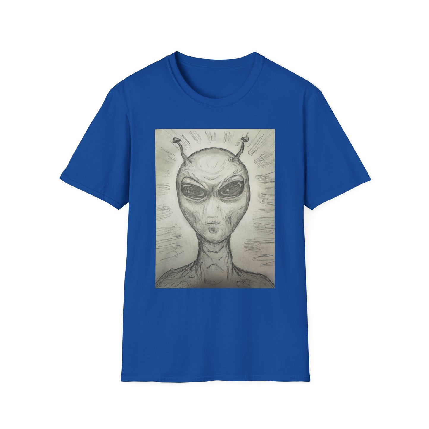 Alien Sketch B & W Unisex Softstyle T-Shirt, Casual Graphic Tee, Sci-Fi Lover Apparel, Unique Gift for UFO Enthusiasts, Everyday Wear