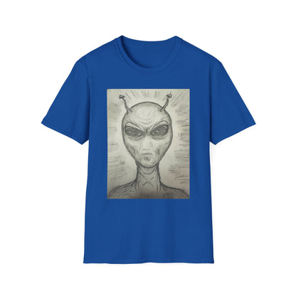 Alien Sketch B & W Unisex Softstyle T-Shirt, Casual Graphic Tee, Sci-Fi Lover Apparel, Unique Gift for UFO Enthusiasts, Everyday Wear