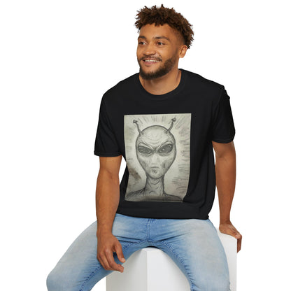 Alien Sketch B & W Unisex Softstyle T-Shirt, Casual Graphic Tee, Sci-Fi Lover Apparel, Unique Gift for UFO Enthusiasts, Everyday Wear