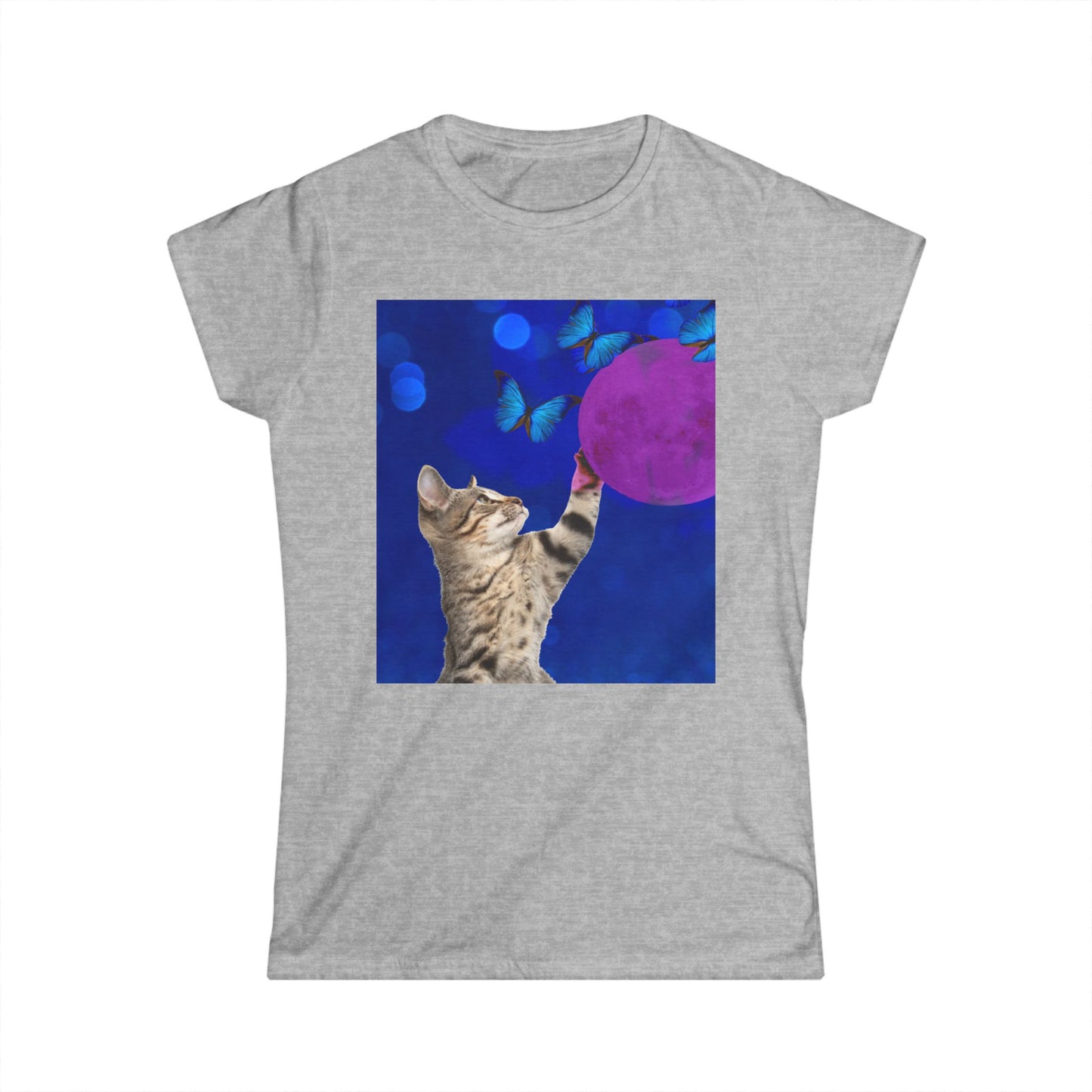 Playful tabby reaches for pink moon Women's Softstyle Tee