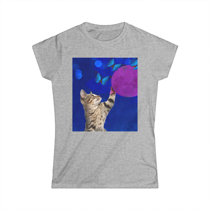 Playful tabby reaches for pink moon Women's Softstyle Tee