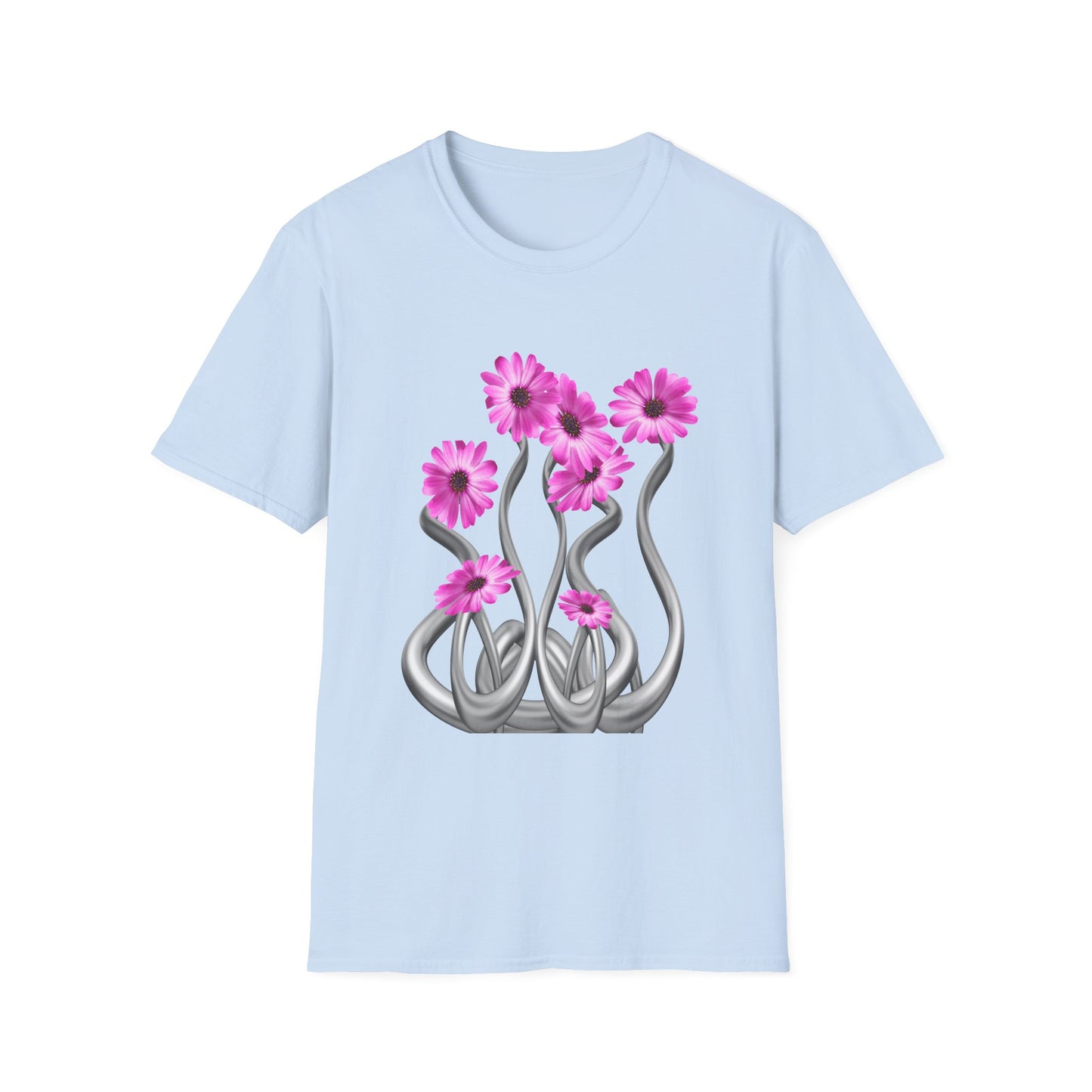 Floral Metal Futuristic Twist T‑Shirt — Pink Daisy Vine Graphic Tee