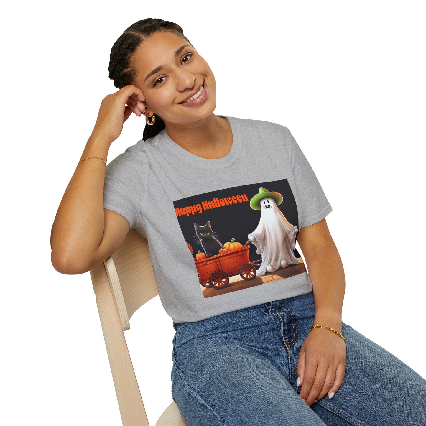 Halloween Ghost with wagon t-Shirt, trick or treating  Funny Halloween Tee, Unisex Casual Shirt, Cute Halloween Costume, Spooky Holiday Apparel