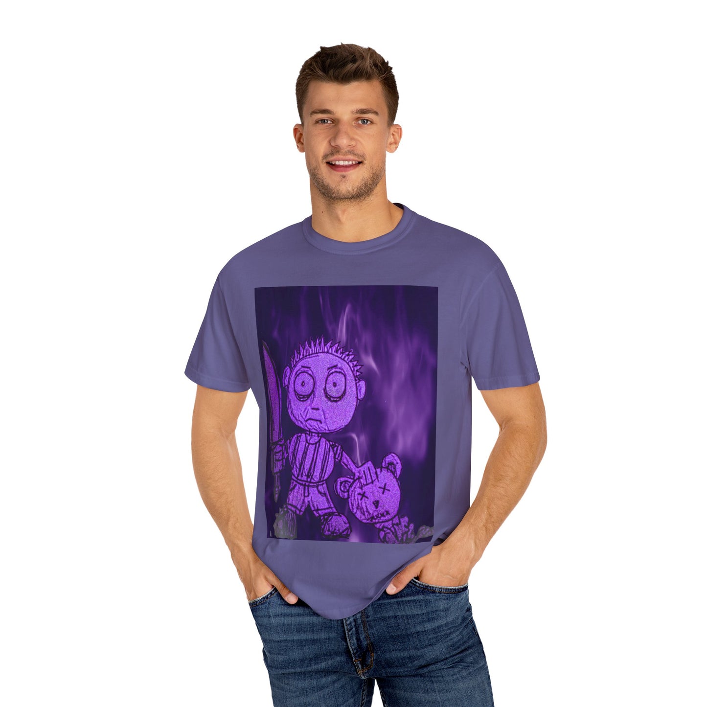 Horror Cartoon T-Shirt — Creepy Knife Kid with Broken Bunny Graphic