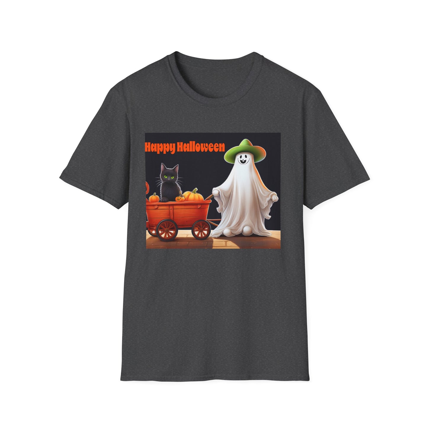 Halloween Ghost with wagon t-Shirt, trick or treating  Funny Halloween Tee, Unisex Casual Shirt, Cute Halloween Costume, Spooky Holiday Apparel