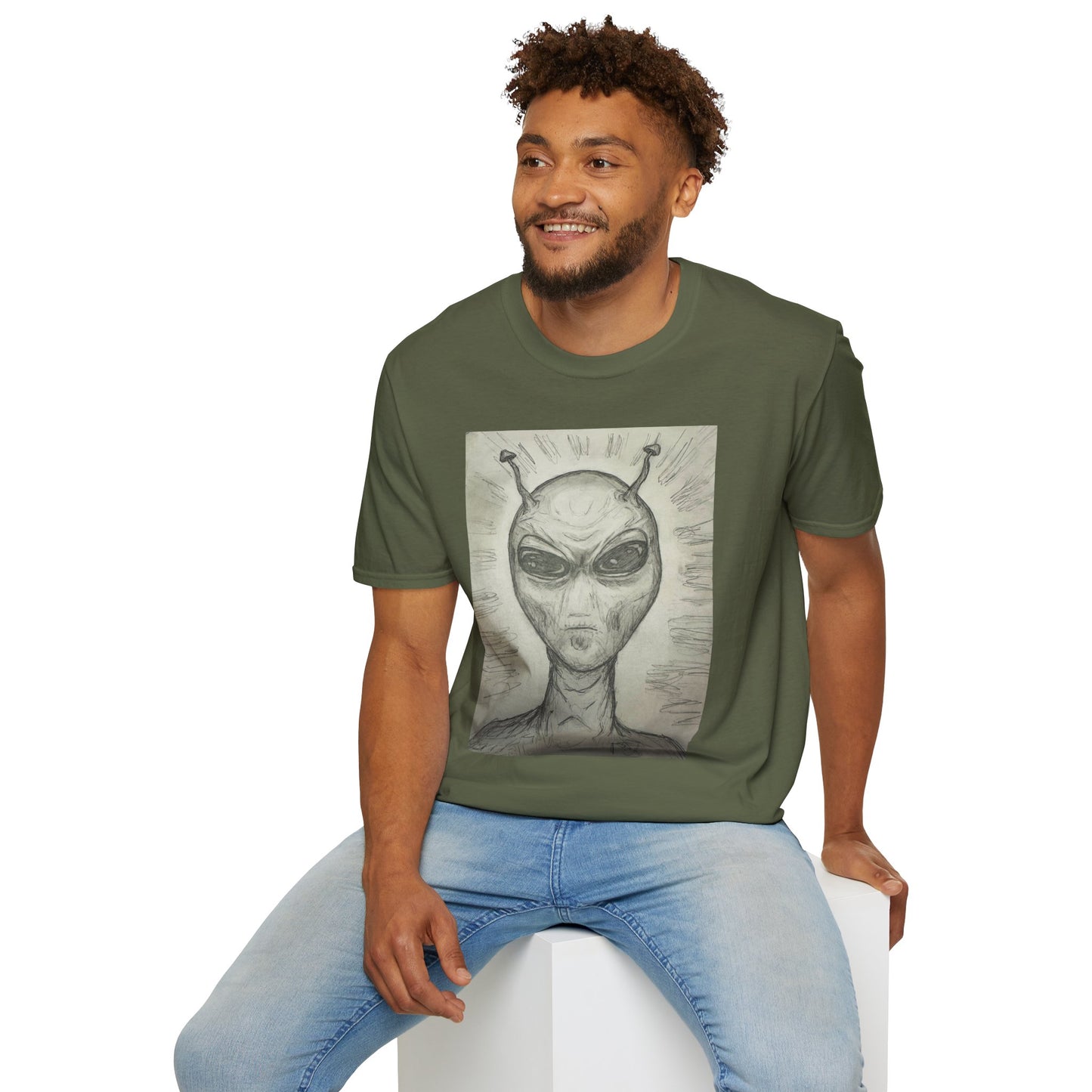 Alien Sketch B & W Unisex Softstyle T-Shirt, Casual Graphic Tee, Sci-Fi Lover Apparel, Unique Gift for UFO Enthusiasts, Everyday Wear