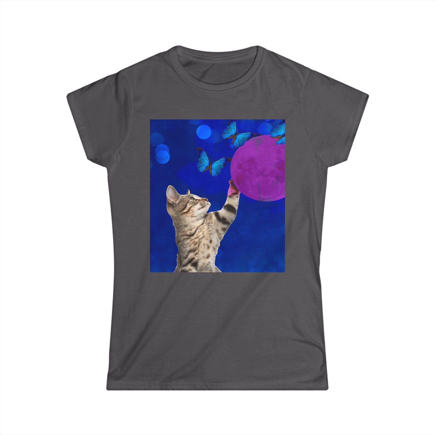 Playful tabby reaches for pink moon Women's Softstyle Tee
