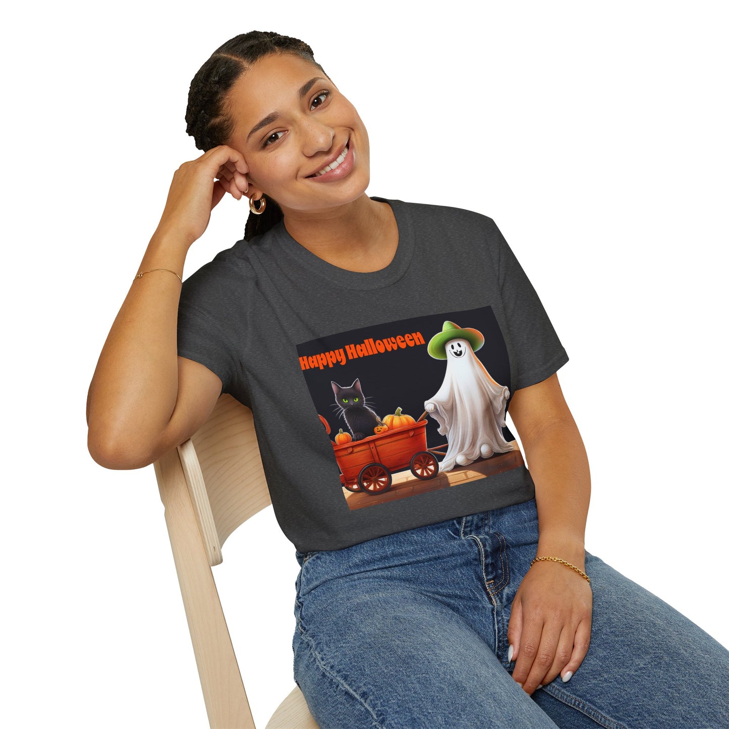 Halloween Ghost with wagon t-Shirt, trick or treating  Funny Halloween Tee, Unisex Casual Shirt, Cute Halloween Costume, Spooky Holiday Apparel