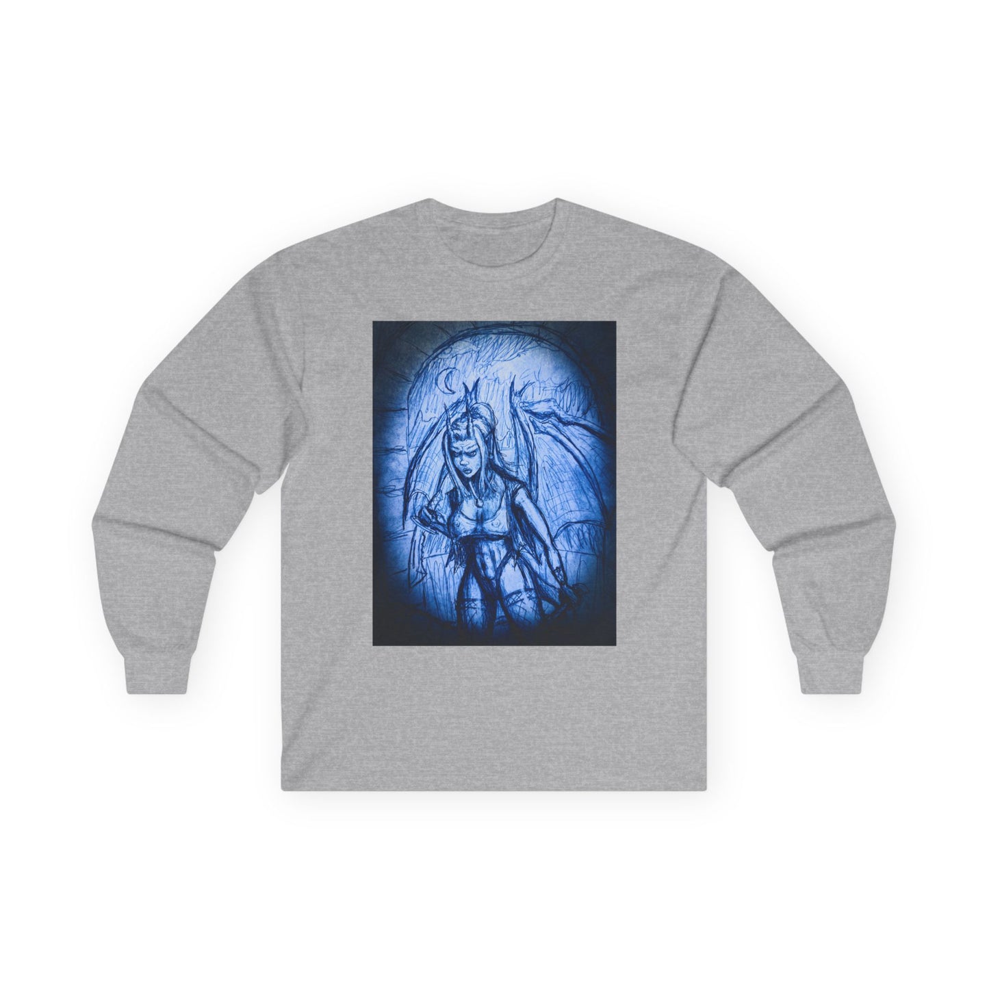 Gothic Demon Art Long Sleeve Tee — Blue Gothic Illustration