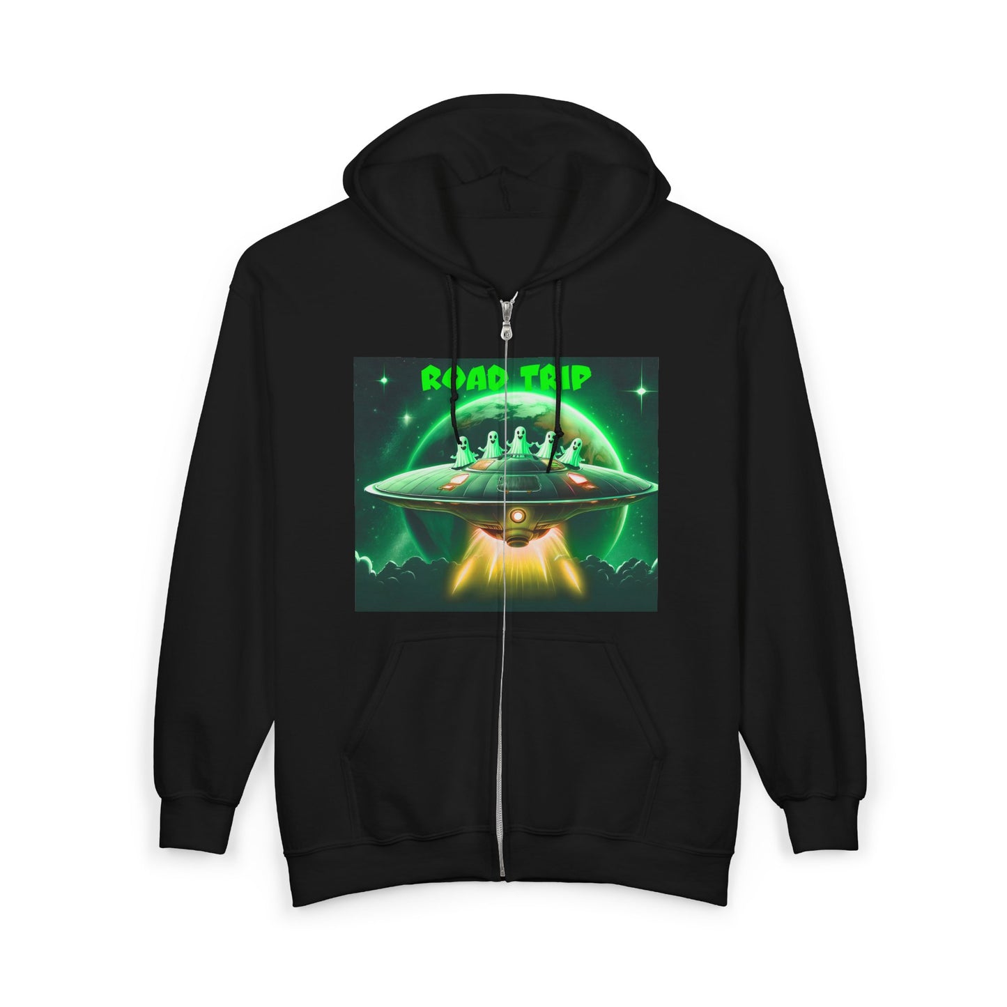 UFO Road Trip Hoodie, Unisex Zip Hoodie, Sci-Fi Sweatshirt, Alien Themed Apparel, Cool Graphic Hoodie, Gift for UFO Lovers