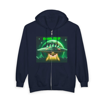 UFO Road Trip Hoodie, Unisex Zip Hoodie, Sci-Fi Sweatshirt, Alien Themed Apparel, Cool Graphic Hoodie, Gift for UFO Lovers